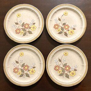 1970s Crown Manor "Floral Garden" Pattern Hand-Painted Stoneware 4 Bread Plates